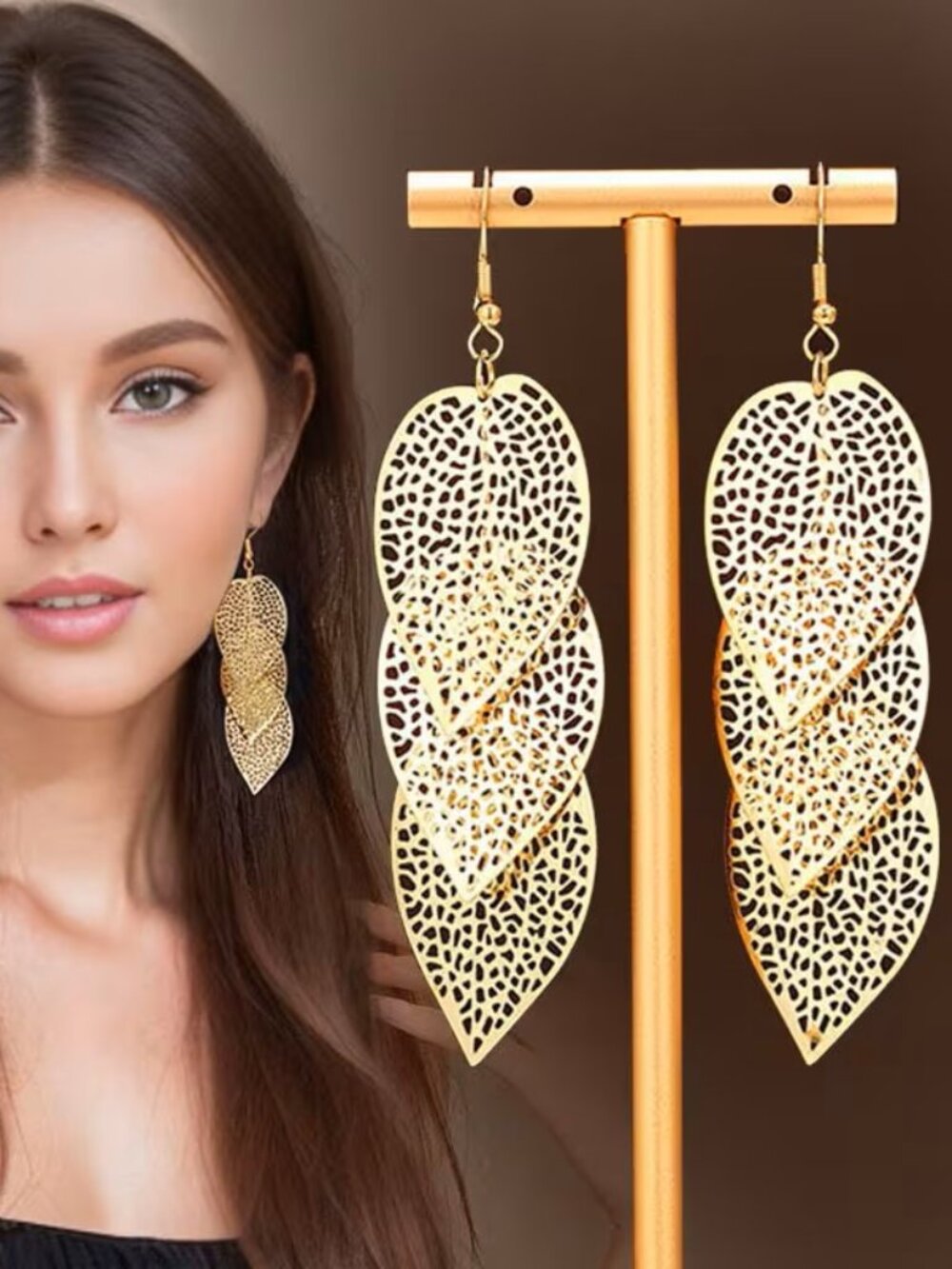 Multilayer Hollow Gold Leaf Earrings Z2